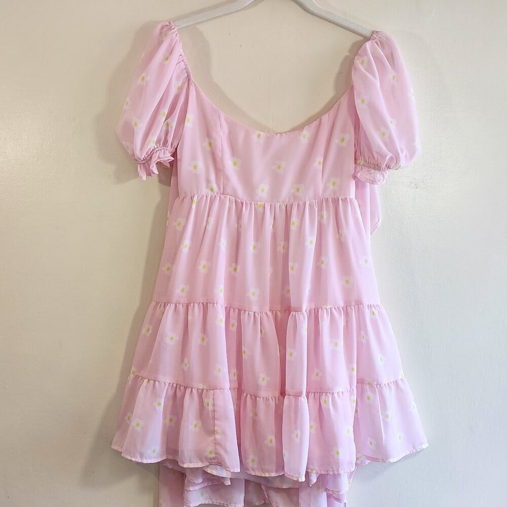Lucy in the Sky Pink Ruffled Babydoll Dress Floral Daisy Puff Sleeves  Sz Medium